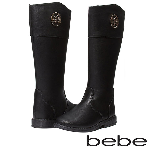 bebe Baby Toddlers Girls Black/Silver Knee High Cut Riding Boots With Medallion and Side Zip Size 5