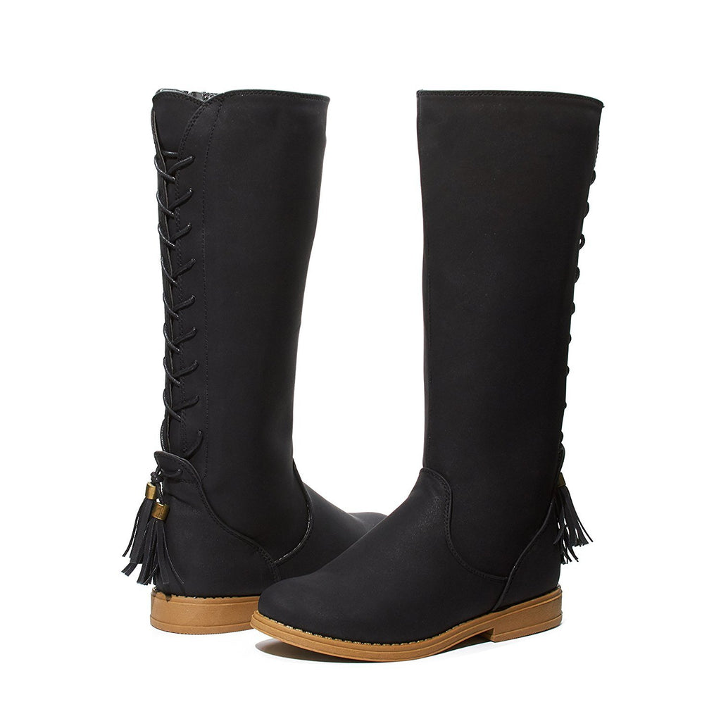 Sara Z Girls Western Lace up Back Tassel Knee High Riding Boots with Side Zip