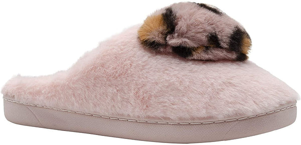 kensie Girls' Big Kid Slip On Plush Fluffy Faux Fur House Slippers with Leopard Pom Pom Heart, Cute Warm Comfortable Shoes for Home