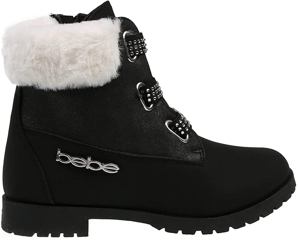 bebe Girls’ Fashion Warm Boots for Little/Big Girls, Faux Fur Knee High Leather Boots with Rhinestone Logo Straps for Winter