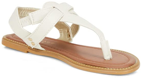 Girl's T-Strap Flat Sandals, Thong Sandals with Studded Welt and Adjustable Buckle Straps