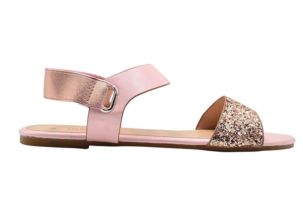 Via Rosa Ladies Fashion Sandals Glitter Summer Flats with Metallic Elastic Slipback Strap