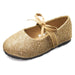 Sara Z Kids Toddlers Girls Glitter Ballet Flat Slip On Shoes With Elastic Strap and Bow Gold Size 11