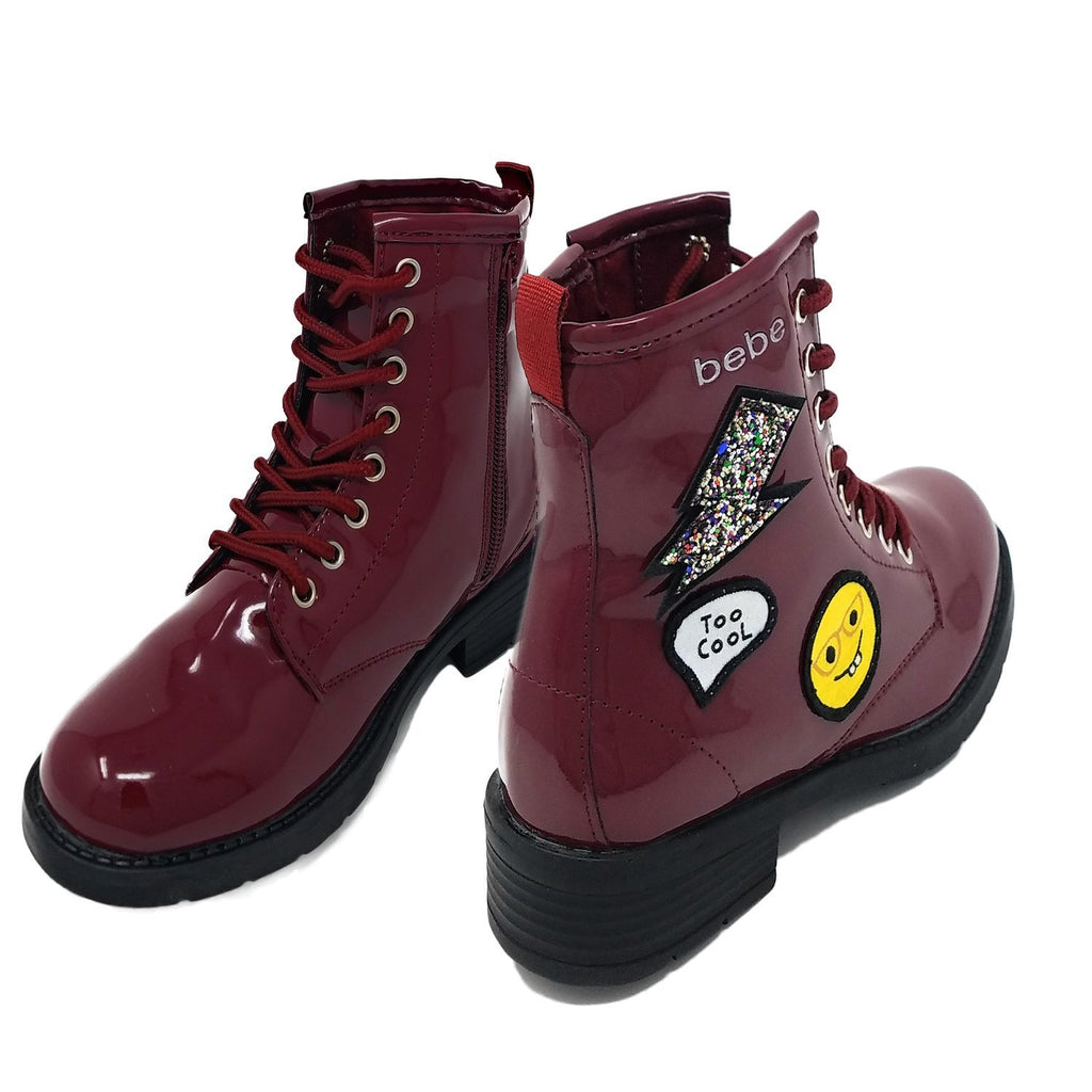 bebe Girls Patent Combat Boots with Patches