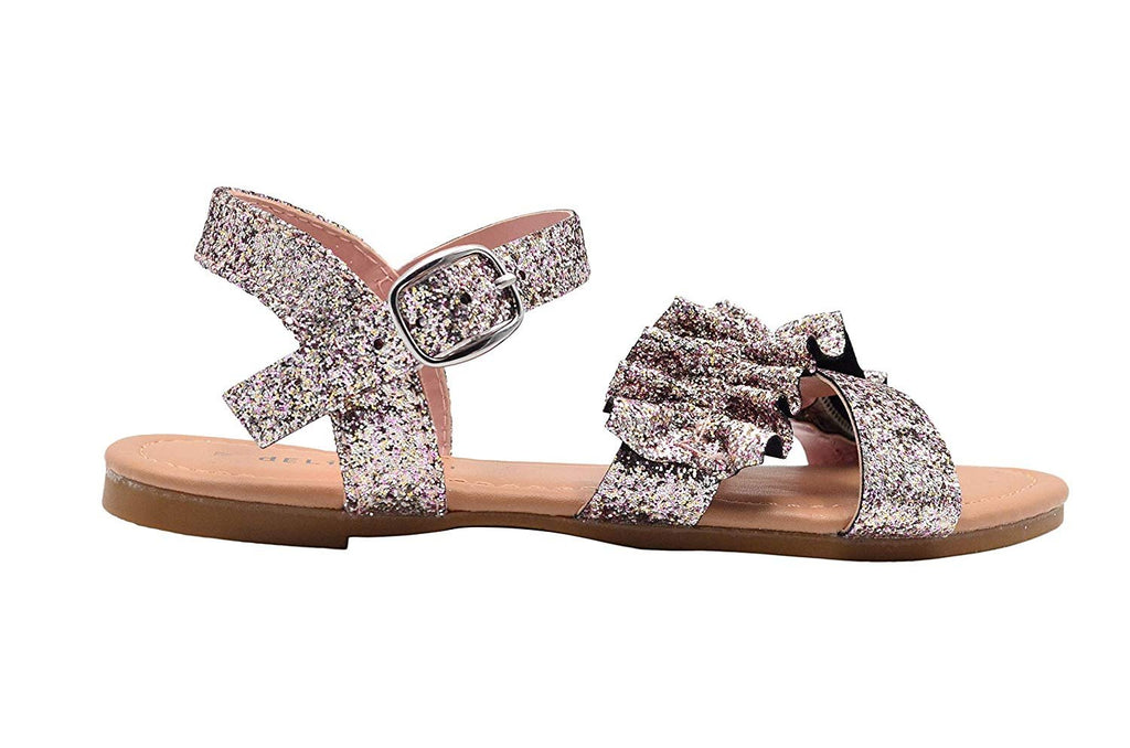 dELiAs Girls Fashion Sandals Glitter Summer Party Flats with Ruffle Strap