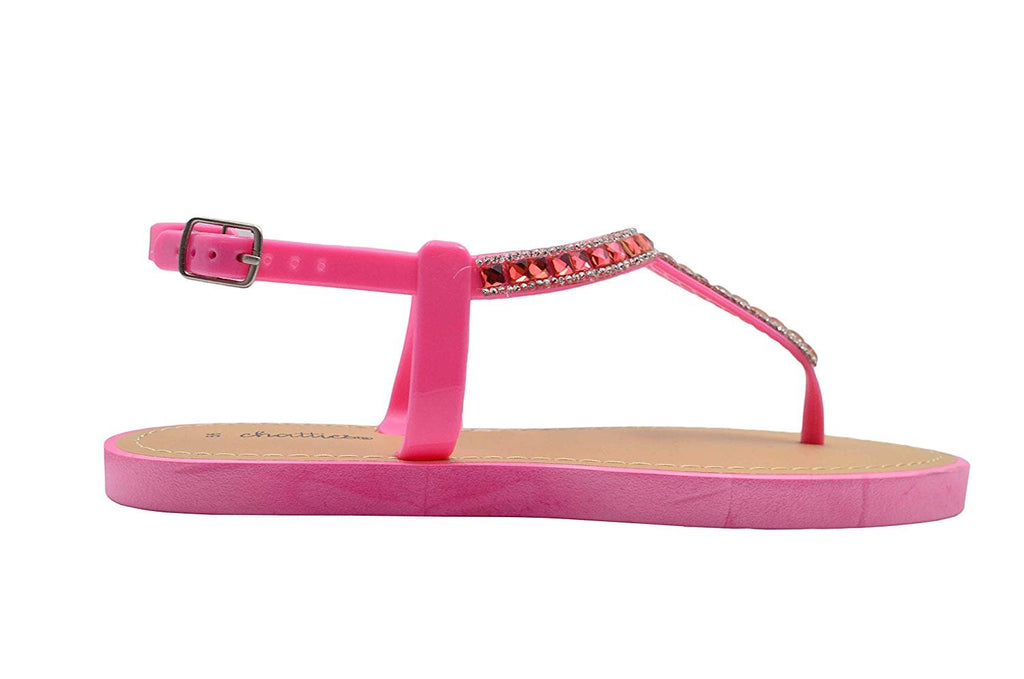 Chatties Ladies Sandal PCU T-Strap Slip On Shoe with Rhinestone Embellished Strap