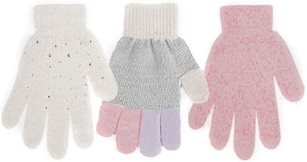 BCBG Girls Little Kid Warm Winter Stretchy Sparkly Rhinestone Magic Knit Gloves - Cute Fall Winter Accessories (3 Pack)
