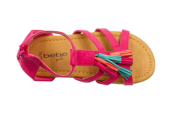 bebe Girls Velvet T Strap Back Zipper Ankle Sandals with Tassels 5/6 Fuchsia