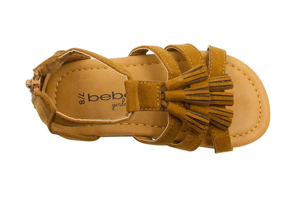 bebe Girls Velvet T Strap Back Zipper Ankle Sandals with Tassels 7/8 Cognac