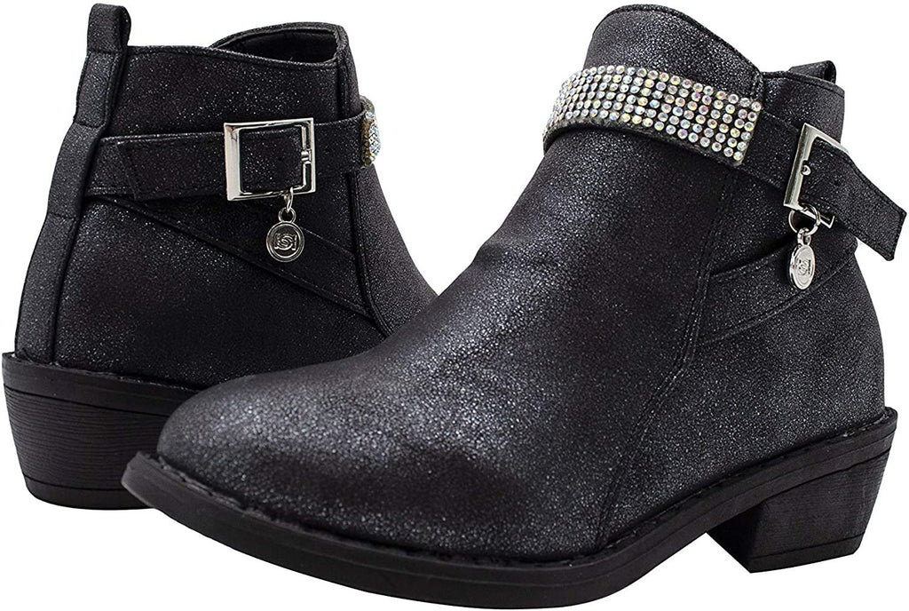 bebe Girls’ Big Kid Slip On Shimmer Ankle Boots with Rhinestone Straps