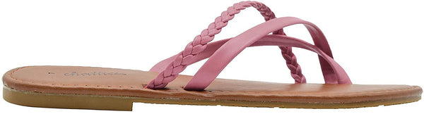 Chatties Ladies Fashion Sandals 10 M US Smooth Pu Thong Slip On Flats with Braid Detail Blush