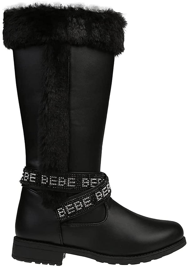 bebe Girls’ Fashion Warm Boots for Little/Big Girls, Faux Fur Knee High Leather Boots with Rhinestone Logo Straps for Winter