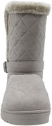 Chatties Chatz Womens Slip On Mid Calf 8" Quilted Microsuede Winter Boots with Faux Fur Trims and Buckle Straps
