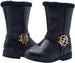bebe Toddler Girls Little Kid Easy Pull On Mid Calf Winter Riding Boots Embellished with Faux Fur Trim and Metallic Medallion Logo