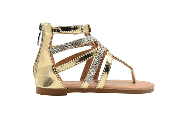 bebe Girls Fashion Sandals Zip Up Metallic Gladiator Flats with Rhinestone Straps