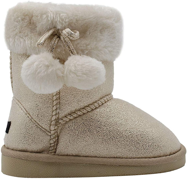 kensie Toddler Girlsâ€™ Little Kid Slip On Mid Calf Shimmer Winter Boots with Faux Fur Cuff and Pom Poms