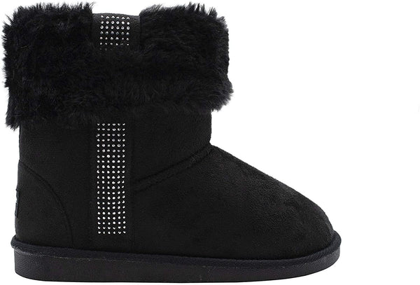 Bebe Girls’ Big Kid Slip On Mid Calf Warm Microsuede Winter Boots with Rhinestone Trim and Faux Fur Cuff