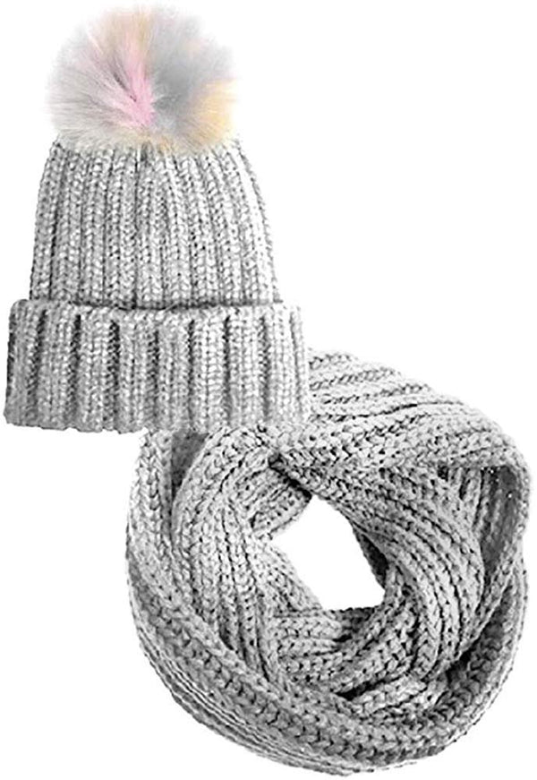 Chatties Girls Little Kid 2 Piece Fur Knit Beanie Cap with Pom Pom & Neck Scarf