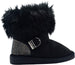 bebe Girls Big Kid Mid Calf Short Easy Pull-On Microsuede Winter Boots Embellished with Faux Fur Cuff and Rhinestone Back