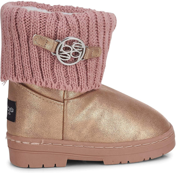 bebe Toddler Girls’ Little Kid Slip On Mid Calf Distressed Metallic Winter Boots with Knit Cuff and Logo Ornament