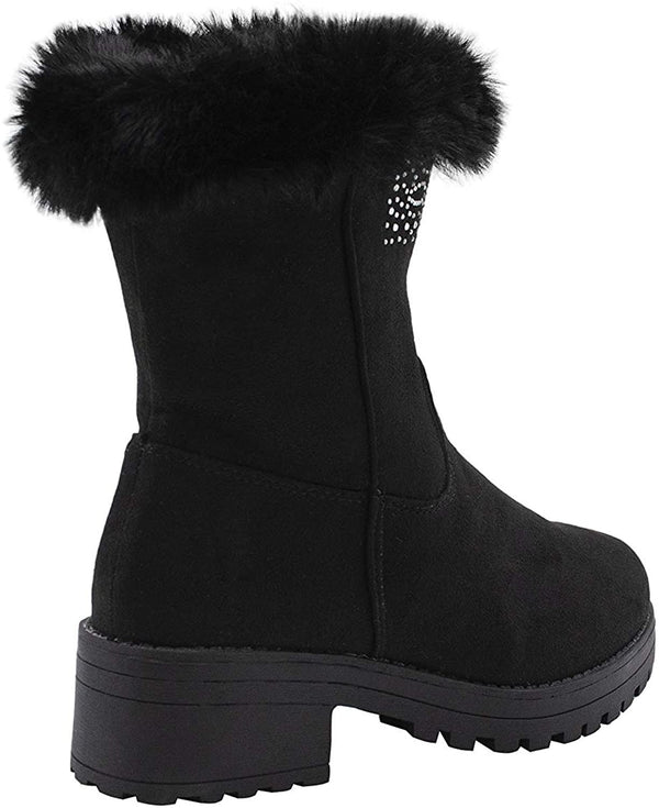 bebe Girls’ Big Kid Slip On Tall Microsuede Winter Boots with Rhinestone Logo Embellishment and Faux Fur Trims