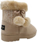 bebe Girlsâ€™ Big Kid Slip On Mid Calf Warm Microsuede Winter Boots with Printed Shaft, Faux Fur Cuff and Pom Poms