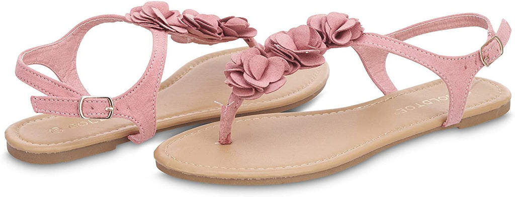 Gold Toe Women’s Microsuede T-Strap Thong Flower Sandal with Back Strap - Open Toe Fashion Summer Slide Shoe