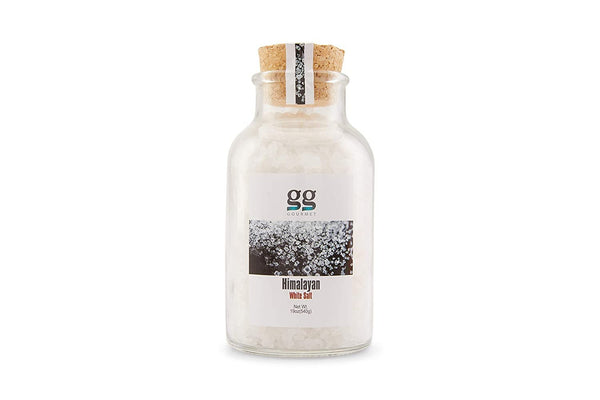 GG Gourmet Himalayan White Salt Glass Jar w/ Cork Lid | Coarse Grain, 100% Natural | Refillable Container | Ideal for Food Seasoning, Flavoring, Grilling, Cooking, and Baking | 18.9 Ounces