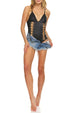 It's Just a Kiss Women's Pleather Black Bodysuit Teddy One Piece Lingerie with Lace Up Detail