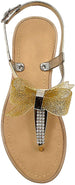 Via Rosa Womenâ€™s Metallic T-Strap Sandal with Rhinestones, Bow and Adjustable Back Strap - Fashion Bling Summer Shoes