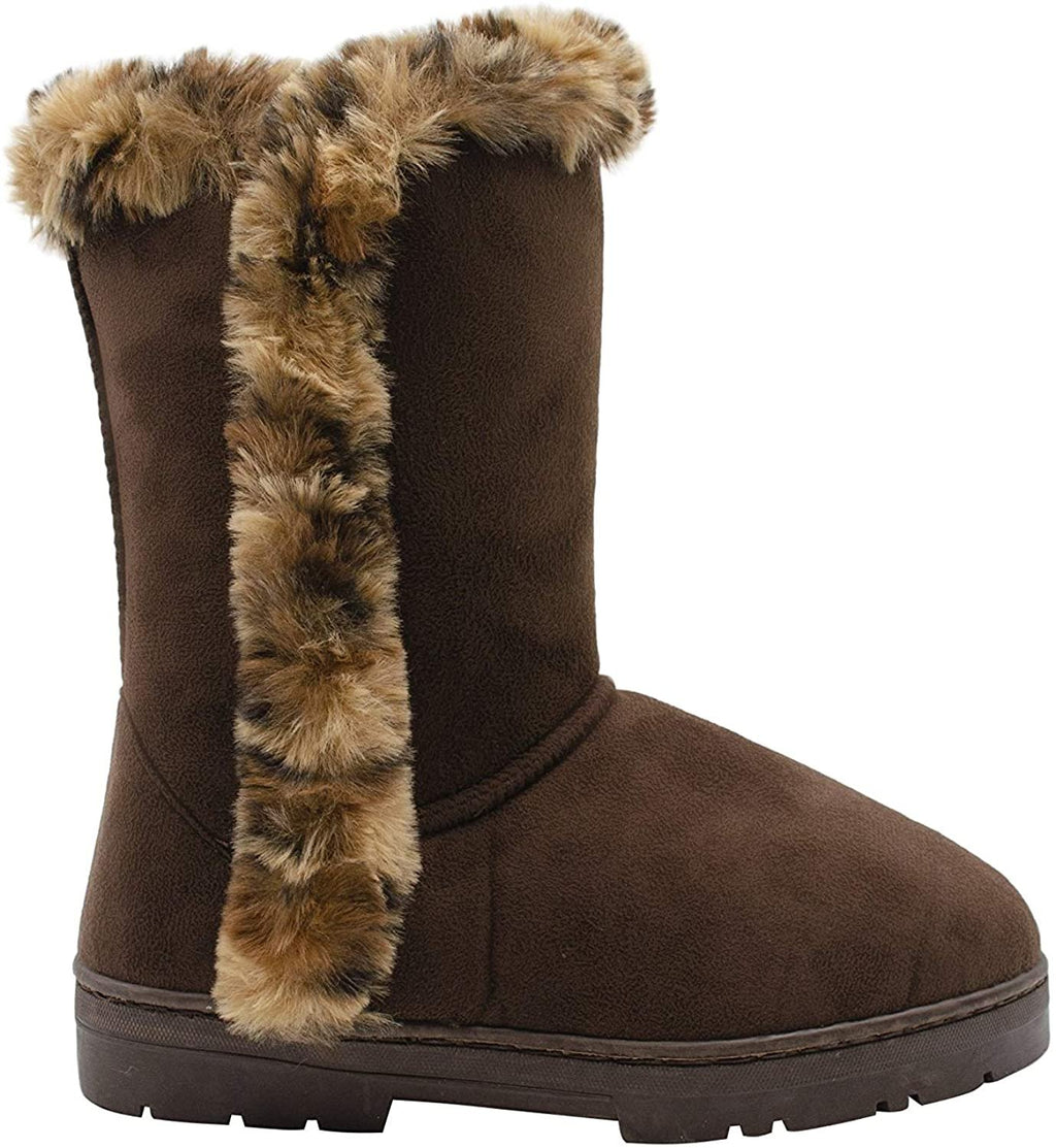 kensie Womens Slip On Mid High 9" Microsuede Winter Boots with Leopard Faux Fur Trims
