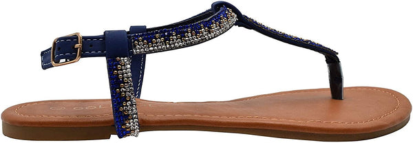Gold Toe Womenâ€™s Rhinestone T-Strap Sandal with Back Straps - Open Toe Fashion Bling Summer Slide Shoe