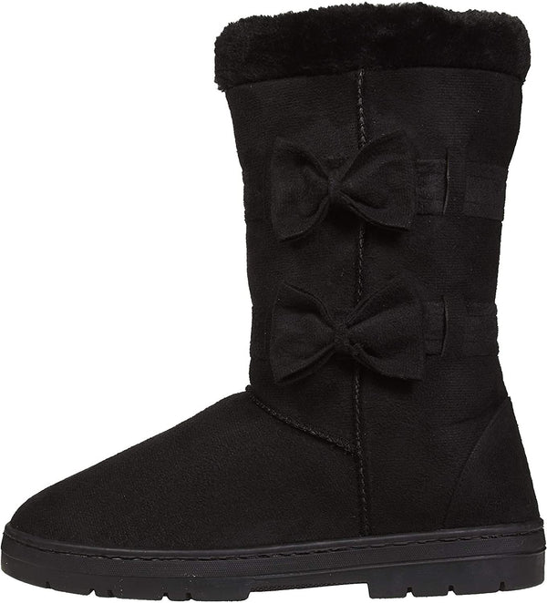 Chatties Chatz Womens Slip On Mid High Microsuede Winter Boots with Bows and Faux Fur Trim Black Size 11