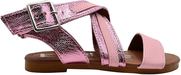 bebe Girls Big Kid Criss Cross Strap Sandal with Metallic Trim Open Toe Fashion Summer Bling Shoes