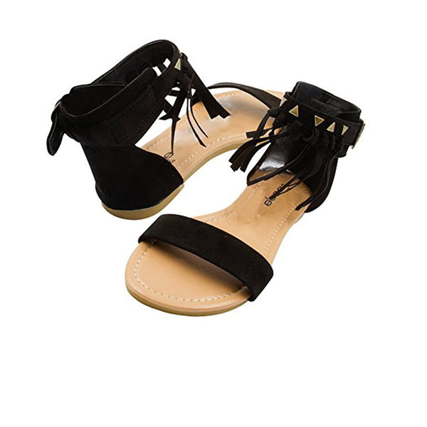 bebe Girls Microsuede Fringe Sandal with Ankle Cuff and Stud Detail