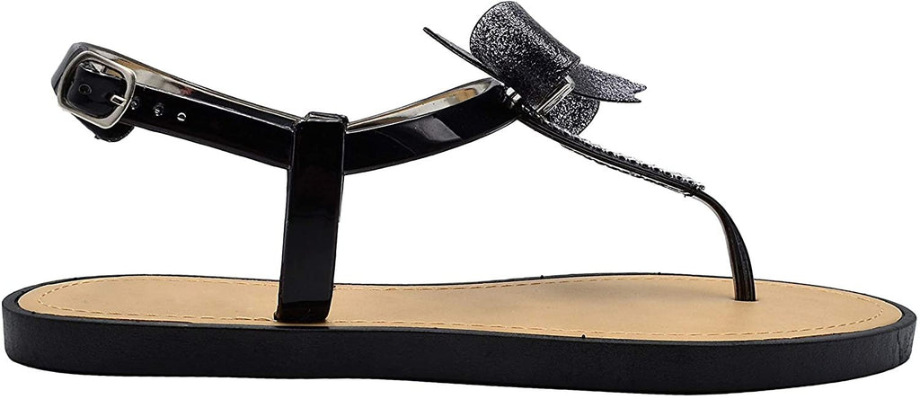 Via Rosa Womenâ€™s Metallic T-Strap Sandal with Rhinestones, Bow and Adjustable Back Strap - Fashion Bling Summer Shoes
