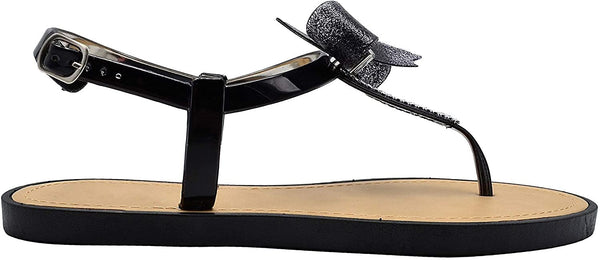 Via Rosa Womenâ€™s Metallic T-Strap Sandal with Rhinestones, Bow and Adjustable Back Strap - Fashion Bling Summer Shoes
