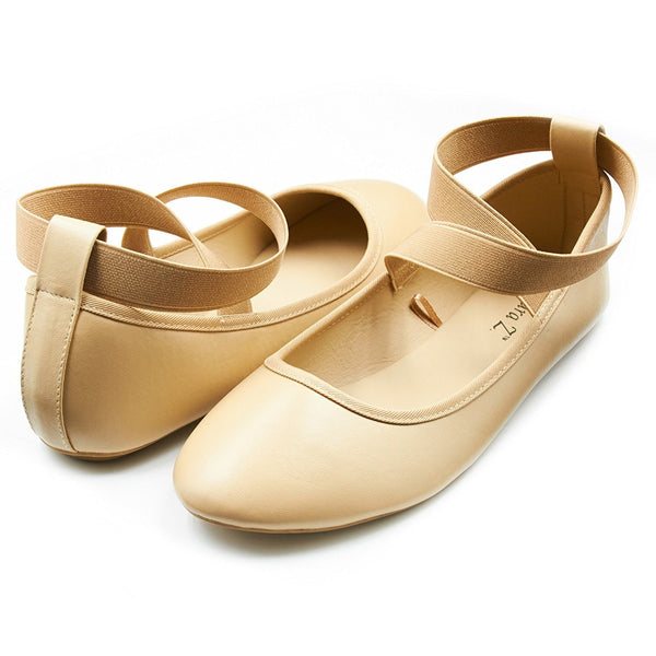 Sara Z Womens Ballet Flat Slip On Shoes with Elastic Ankle Straps Tan Brown Size 5/6