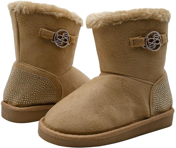 bebe Girls’ Big Kid Slip On Mid Calf Warm Microsuede Winter Boots Embellished with Rhinestones and Faux Fur Cuff
