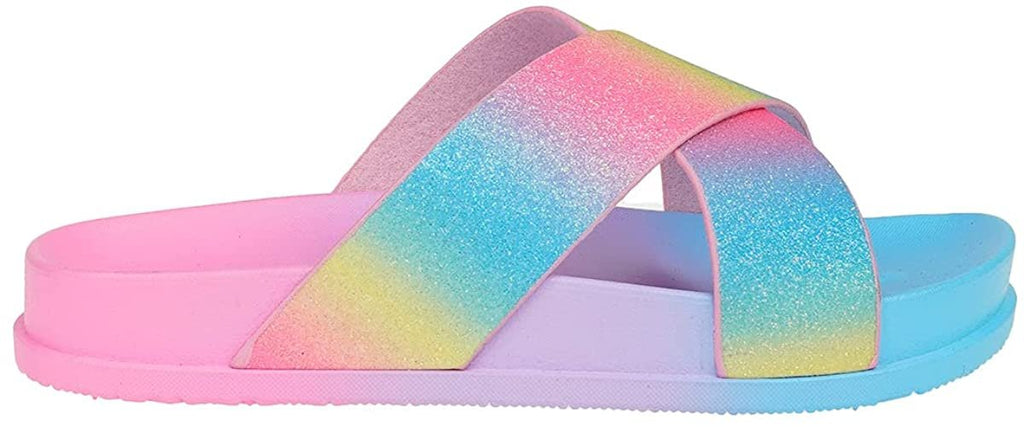 Girl's Summer Open-Toe Sparkly Glitter Flat Slide Sandals with Criss-Cross Straps