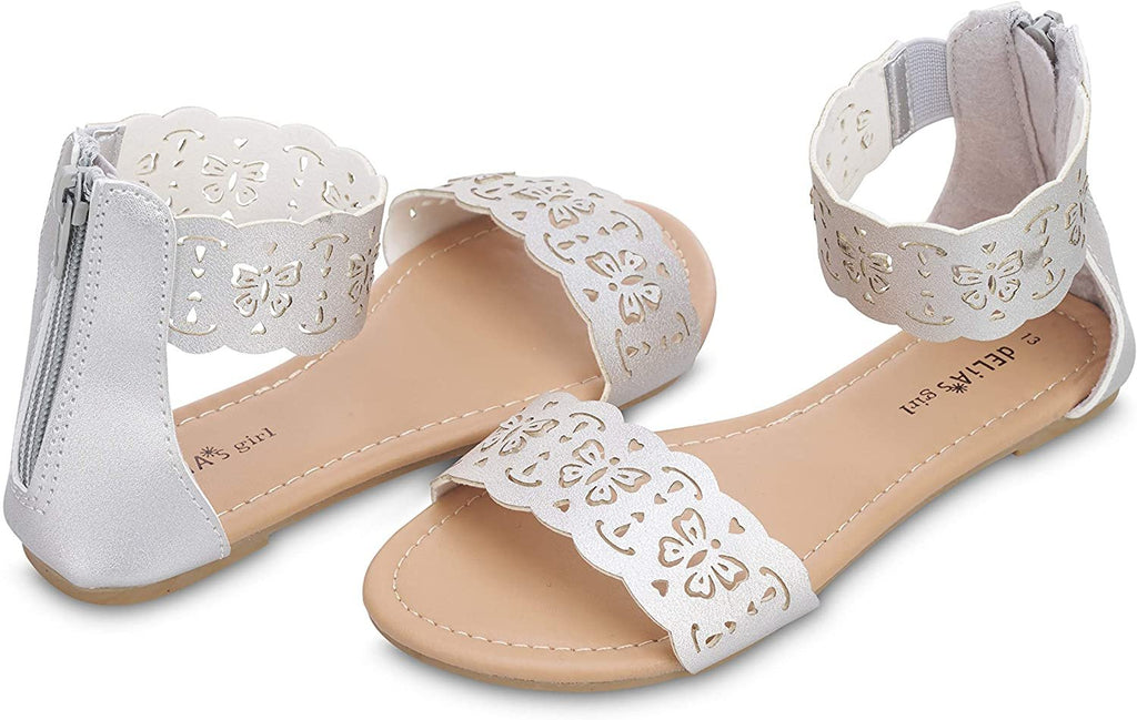 dELiAs Girls Big Kid Metallic Strap Sandal with Perforated Butterflies and Ankle Strap Open Toe Fashion Summer Shoes