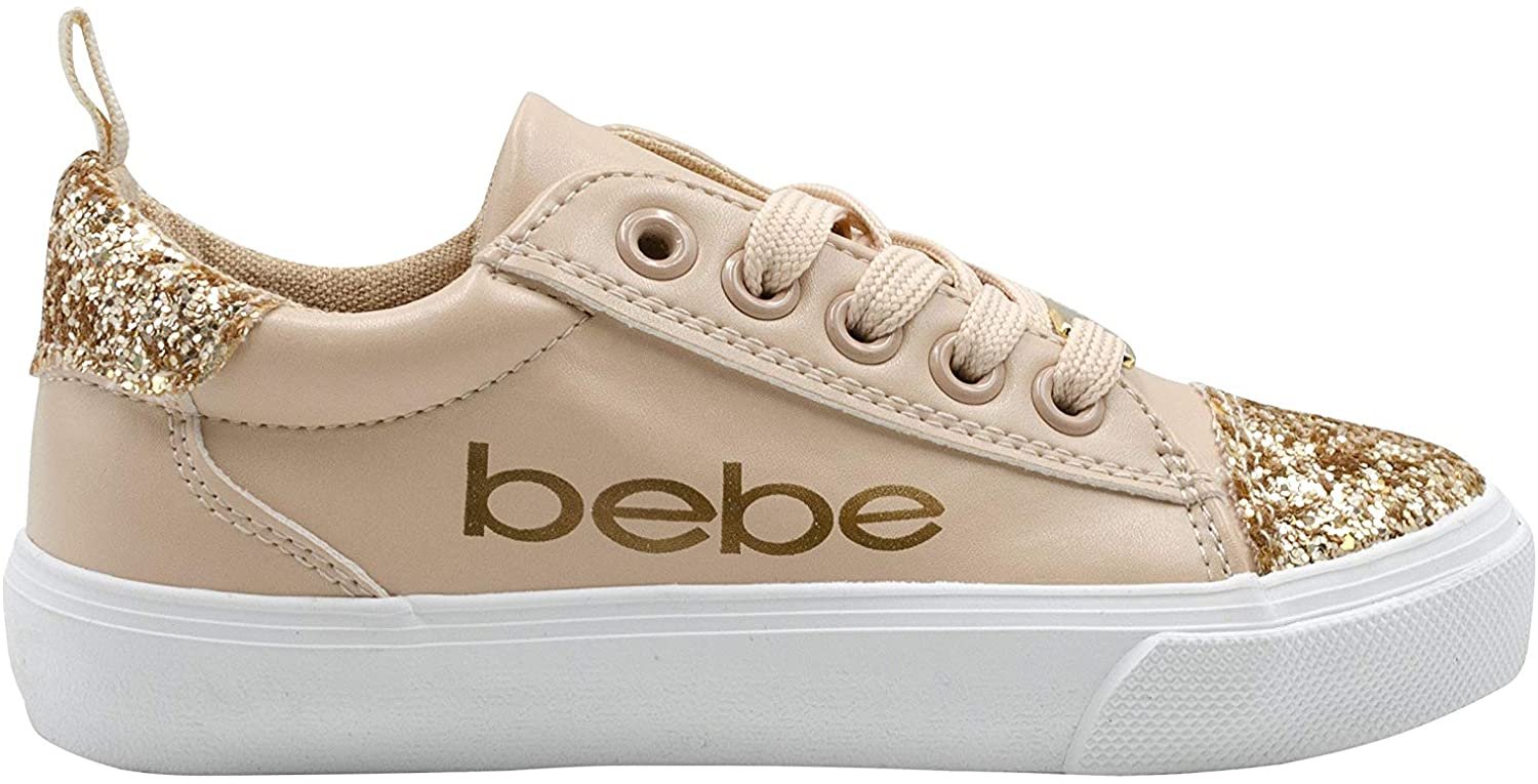 bebe Girl's Glitter Sneakers with Lace-Up and Logo, Slip-On