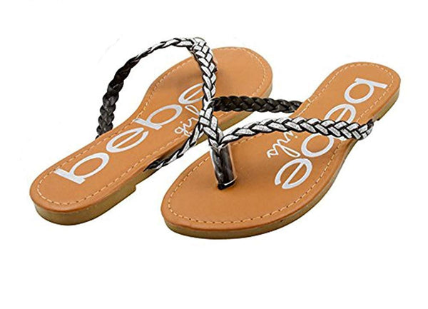 bebe Girls Braided Glitter Sandals with Printed Footbed