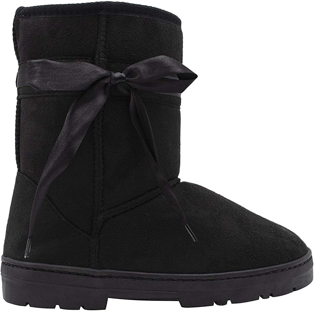 Chatties Chatz Womens Slip On Mid Calf 8" Microsuede Winter Boots with Satin Bow Ribbon Black Size 6