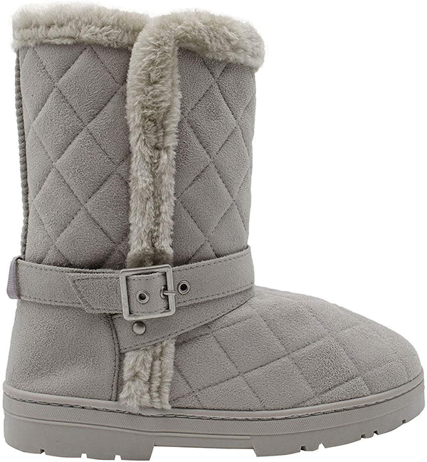 Chatties Chatz Womens Slip On Mid Calf 8" Quilted Microsuede Winter Boots with Faux Fur Trims and Buckle Straps