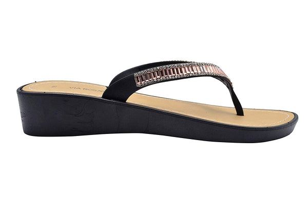 Via Rosa Ladies Sandal Size PCU Wedge Heel Slip On Thong Strap Shoe with Rhinestone Embellishment