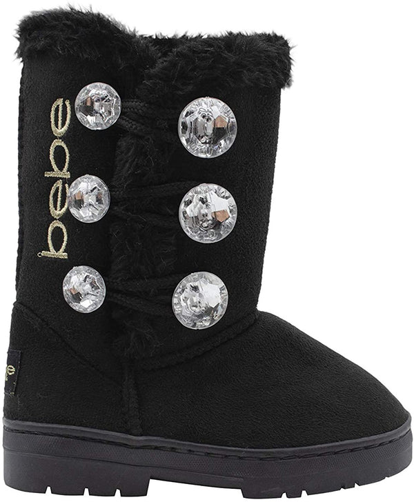 Bebe Girls’ Big Kid Slip On Warm Suede Winter Boots with Rhinestone Buttons and Fur Trim