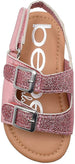 bebe Girls Toddler Baby Little Kid Shiny Metallic Slide Sandal with Sparkly Glitter Strap and Double Buckles - Fashion Summer Shoes Silver 5