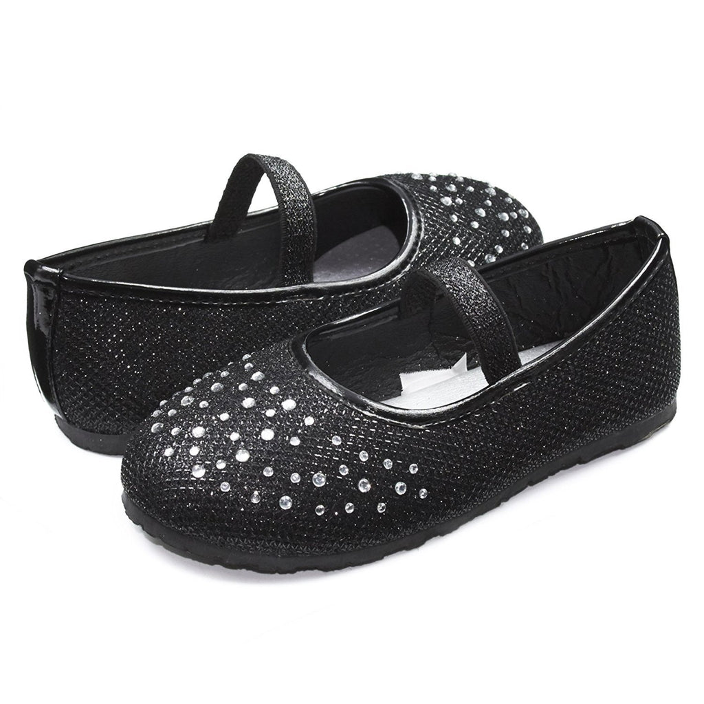 Sara Z Kids Toddlers Girls Glitter Mesh Ballet Flat Slip On Shoes With Rhinestones and Elastic Strap