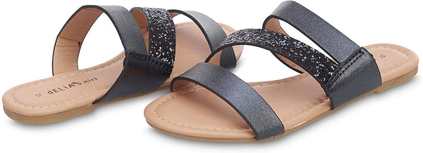 dELiAs Girls Big Kid Metallic Glitter Strap Slide Sandal Open Toe Fashion Summer Bling Shoes